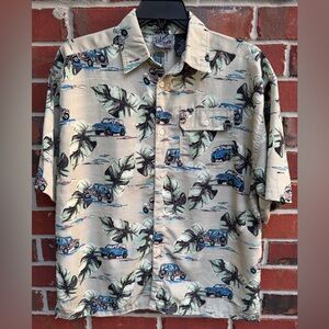 Vintage Robert Stock XL Short Sleeve Button Up Floral Hawaiian Shirt w Jeeps M4
